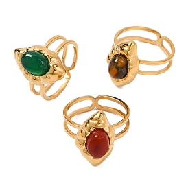 Oval Natural Gemstone Finger Rings, Horse Eye Golden Tone 304 Stainless Steel Cuff Rings for Women