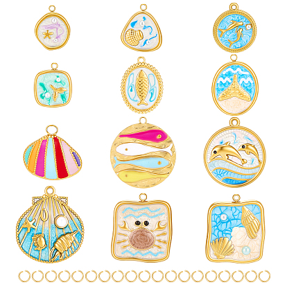 12Pcs 12 Styles 304 Stainless Steel Enamel Pendants, Sea Animals, with ABS Plastic Imitation Pearl, Ion Plating(IP), Real 18K Gold Plated, with 20Pcs 304 Stainless Steel Open Jump Rings