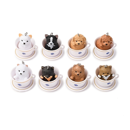 Непрозрачные подвески смолы, с платиновыми тоновыми железными петлями, питомец для чайной чашки