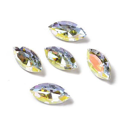 Light AB Style Glass Rhinestone Cabochons, Pointed Back & Back Plated, Faceted, Horse Eye