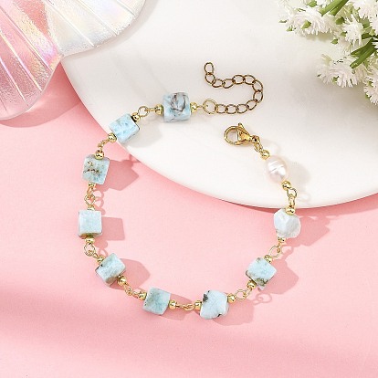Natural Larimar Square Beaded Chain Bracelets for Women, with Rice Natural Pearl Beads