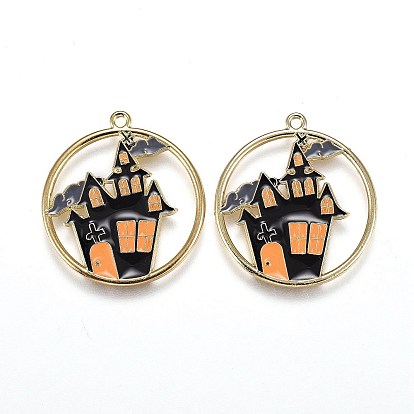 Подвески из сплава с эмалью на тему Хэллоуина, плоский круг с домом с привидениями/замком