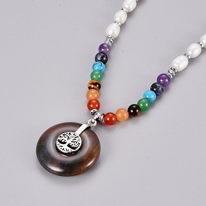 Gemstone Pendant Necklace, with Pearl Beads, Brass Findings and Hematite Beads, Flat Round with Tree of Life