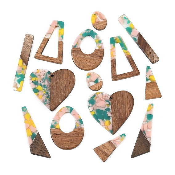 Walnut Wood & Transparent Resin Pendants, Mixed Shapes Charm