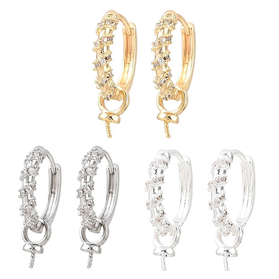 Brass Micro Pave Clear Cubic Zirconia Huggie Hoop Earring Findings, for Half Drilled Beads, Rack Plating, Long-lasting Plated