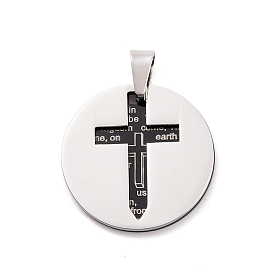 304 Stainless Steel Manual Polishing Pendants, Flat Round with Cross & Word