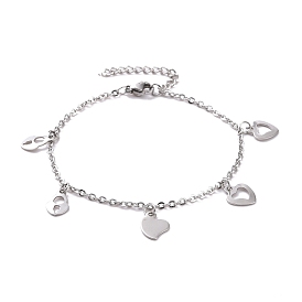 201 Stainless Steel Leaf & Heart & Padlock Charms Bracelet with 304 Stainless Steel Chains for Women
