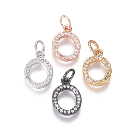 Brass Micro Pave Clear Cubic Zirconia Charms, with Jump Rings, Oval