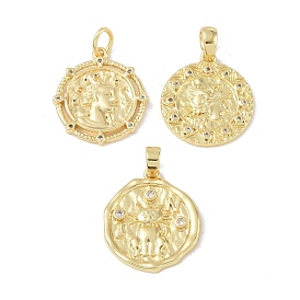 Brass Micro Pave Clear Cubic Zirconia Pendants, Flat Round, Coin Medal, with Jump Ring
