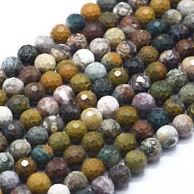 Natural Ocean Jasper Beads Strands, with Gold Point, Faceted, Round