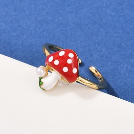 Кольца-манжеты из латуни и АБС-пластика с жемчугом для женщин, гриб, с эмалью, долговечный, без кадмия и без свинца, стойки покрытие, реальный 18 k позолоченный