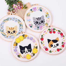 Cat Pattern DIY Embroidery Kits, Including Embroidery Cloth & Thread, Needle, Embroidery Hoop, Instruction Sheet