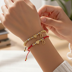 Латунные браслеты с подвесками в виде инициала D, Регулируемые браслеты из бусин в форме сердца и круглых бусин для пары.