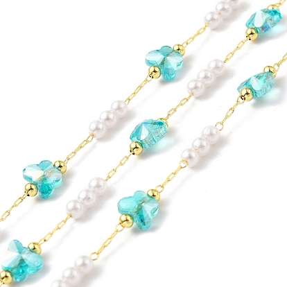Handmade Eco-friendly Brass Cable Chain, with Glass & CCB Butterfly & Imitation Pearl Beaded, Long-Lasting Plated, Golden, Soldered, with Spool