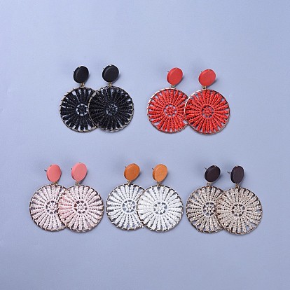Aretes colgantes tejidos de poliéster de hierro, con cuentas redondas planas de madera de pera teñida y 304 hallazgos de acero inoxidable, tuercas de plástico