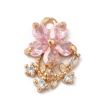 Латунные микро проложить кубического циркония подвески, со стеклом, цветок, золотые
