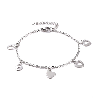 201 Stainless Steel Leaf & Heart & Padlock Charms Bracelet with 304 Stainless Steel Chains for Women