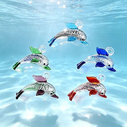Colgantes hechos a mano de cristal de murano hoja de plata, encantos de delfines