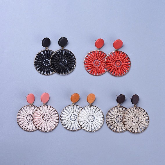 Iron Polyester Woven Dangle Stud Earrings, with Flat Round Dyed Pear Wood Beads and 304 Stainless Steel Findings, Plastic Ear Nuts