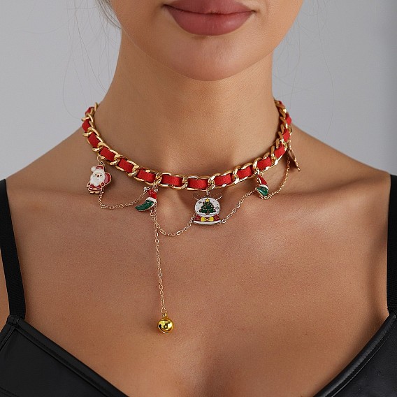 Рождественские ожерелья с подвеской из сплава эмали и искусственного жемчуга на шнуре из искусственной кожи для женщин, золотые
