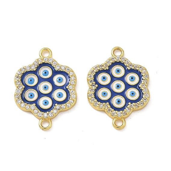 Brass Micro Pave Clear Cubic Zirconia Connector Charms, Flower with Evil Eye Links, with Enamel