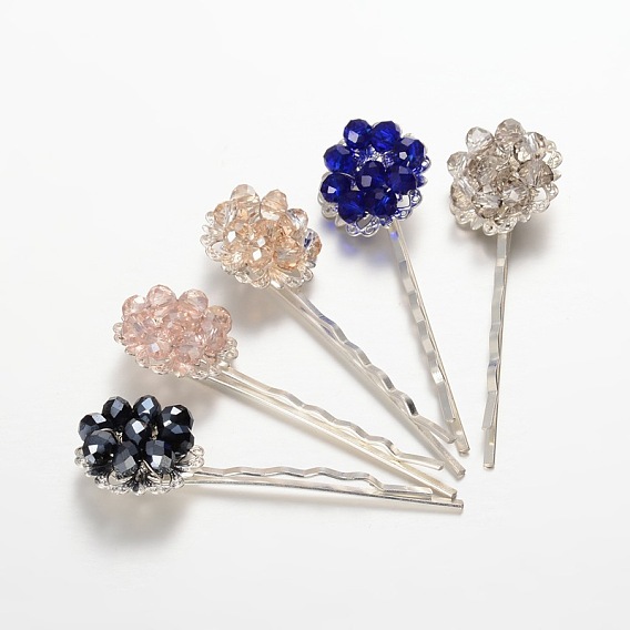 Brass Electroplate Glass Bead Flower Hair Bobby Pins, with Iron Findings, Silver Color Plated, 63mm