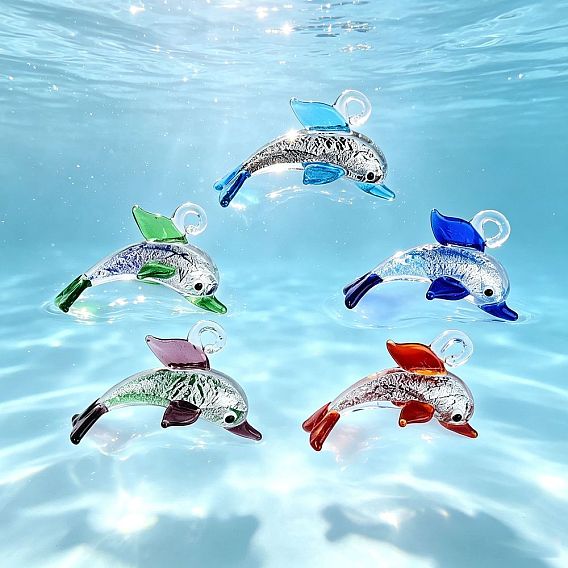 Handmade Silver Foil Lampwork Pendants, Dolphin Charms