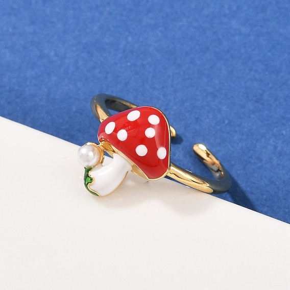 Кольца-манжеты из латуни и АБС-пластика с жемчугом для женщин, гриб, с эмалью, долговечный, без кадмия и без свинца, стойки покрытие, реальный 18 k позолоченный