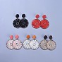 Iron Polyester Woven Dangle Stud Earrings, with Flat Round Dyed Pear Wood Beads and 304 Stainless Steel Findings, Plastic Ear Nuts