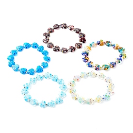 Handmade Millefiori Lampwork Stretch Bracelets, with Iron Spacer Beads, Heart