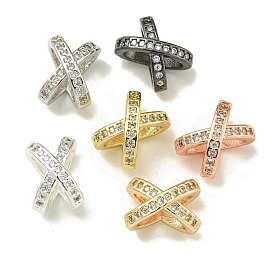 Letter X Rack Plating Brass Micro Pave Cubic Zirconia Europen Beads, Large Hole Beads, Long-Lasting Plated, Lead Free & Cadmium Free