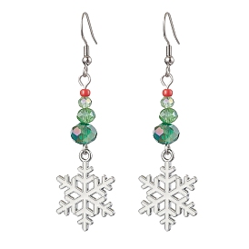 Christmas Theme Glass Dangle Earrings, with Alloy Enamel Snowflake Charms