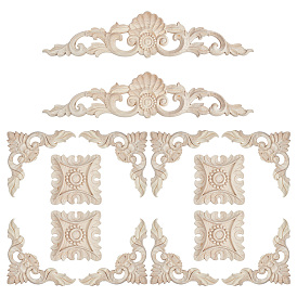 14Pcs 3 Styles Natural Wood Carved Onlay Applique Craft, Unpainted Onlay Furniture Home Decoration, Mixed Shapes