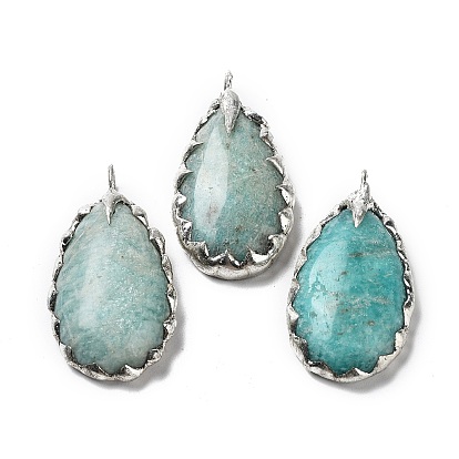 Natural Amazonite Pendants, Rack Plating Brass Teardrop Charms, Manual Soldering, Cadmium Free & Lead Free