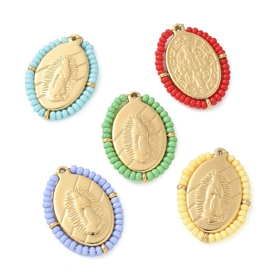 304 прелести нержавеющей стали, овальные с Иисусом, со стеклянными бисеринами, реальный 14 k позолоченный