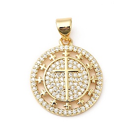 Rack Plating Brass Micro Pave Clear Cubic Zirconia Pendants, Cadmium Free & Lead Free, Flat Round with Cross