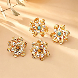 Pendientes de botón de latón y turquesa/ojo de tigre, flor, dorado