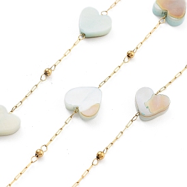 Handmade Heart Natural Shell Beaded Chains, with Ion Plating(IP) 304 Stainless Steel Paperclip Chains, Unwelded