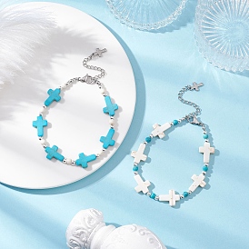 2шт. 2 Браслеты из синтетической бирюзы и немагнитного гематита разных цветов для женщин, крестик