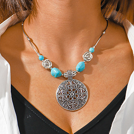 Fashion personality turquoise pendant flower hollow imitation turquoise alloy necklace