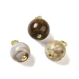 Natural Gemstone Round Pendants, Sphere Charms with Rack Plating Brass Loops, Real 18K Gold Plated, Long-Lasting Plated