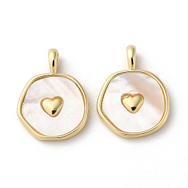 Rack Plating Brass Pendants with Natural Shell, Flat Round Charms with Heart, Long-Lasting Plated, Lead Free & Cadmium Free