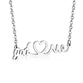 SHEGRACE Stainless Steel Pendant Necklaces, with Lobster Claw Clasps and Cable Chains, Word God Love and Heart