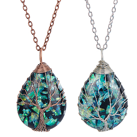 4Pcs 2 Colors Teardrop Pendant Necklaces Set, Wire Wrap Tree of Life Pendant Necklaces for Women, Dark Green
