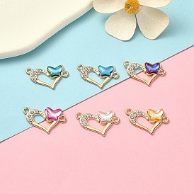 6Pcs 6 Colors Alloy Crystal Rhinestone Connector Charms, Heart Links with Acrylic Butterfly, Light Gold