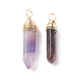 Pendentifs pointus en améthyste naturelle à double terminaison, avec fil de cuivre doré clair enroulé, balle
