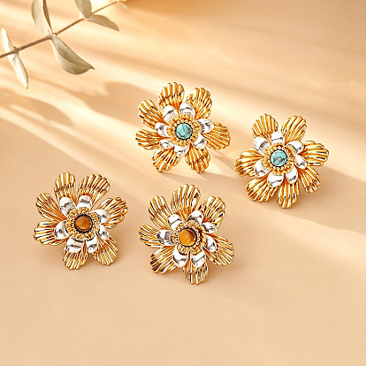 Pendientes de botón de latón y turquesa/ojo de tigre, flor, dorado