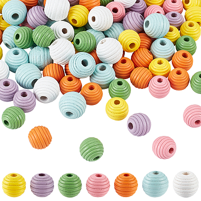 175Pcs 7 Style Painted Natural Wood Beehive Beads, Round, Lead Free