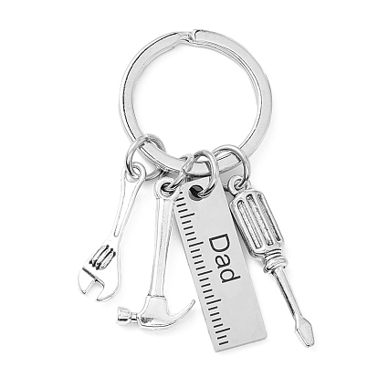 Father's Day Theme 201 Stainless Steel Keychain, Hammer & Wrench & Screwdriver & Ruler with Word Dad