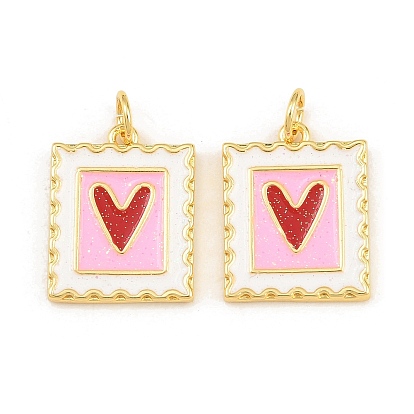 Colgantes de esmalte de bronce, rectángulo con dijes de corazón, chapado en rack, con polvo del brillo, larga duración plateado, sin plomo y el cadmio